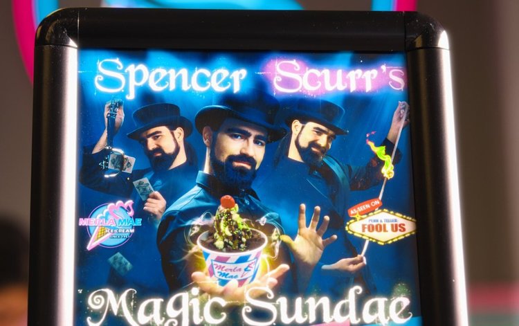 In-store sign for Spencer Scurr's Magic Sundae, a Magician Weekend special at Merla-Mae Ice Cream