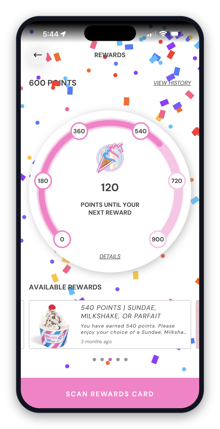 Merla-Mae Ice Cream app rewards screen showing 600 points earned