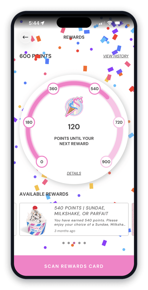 The Rewards screen of the Merla-Mae Ice Cream app, showing a points ring counting down to the next reward and a Scan Rewards Card button