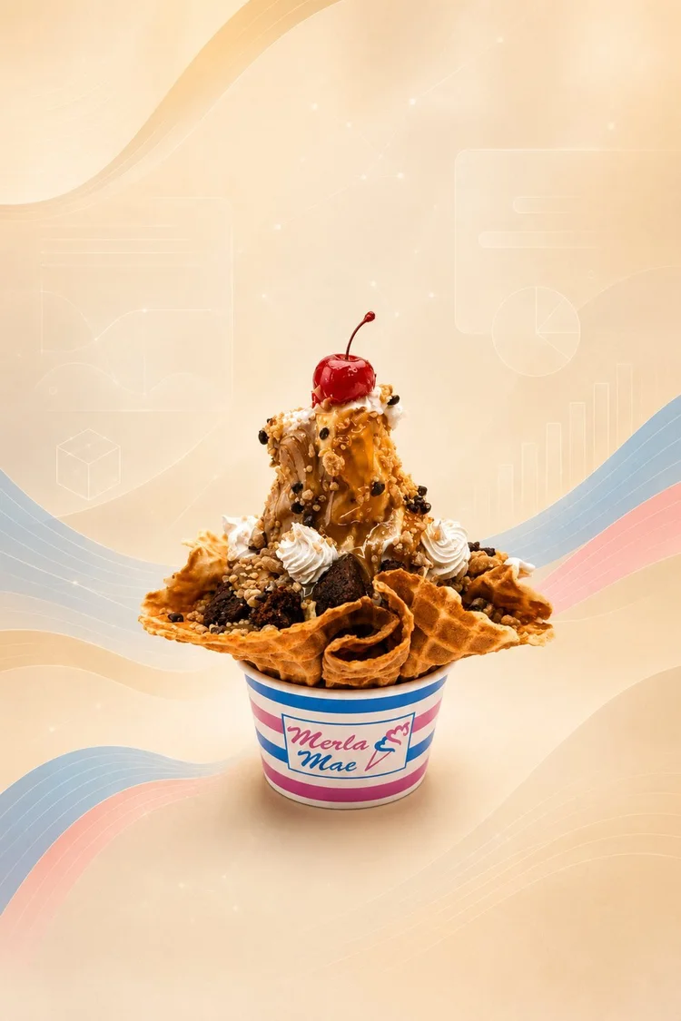The Sweet Suite Sundae, the LeadQor signature treat: half and half soft serve in a waffle dish with brownies, cookie dough and a cherry, National Ice Cream Day 2026 at Merla-Mae Ice Cream