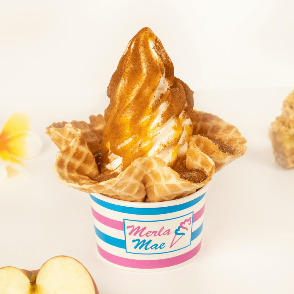 Apple Dandy sundae with hot caramel and cinnamon on soft-serve in a homemade waffle dish at Merla-Mae Ice Cream in London, Ontario
