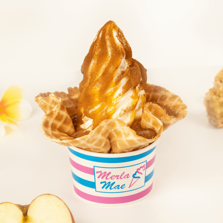 Apple Dandy sundae with hot caramel and cinnamon on soft-serve in a homemade waffle dish at Merla-Mae Ice Cream in London, Ontario