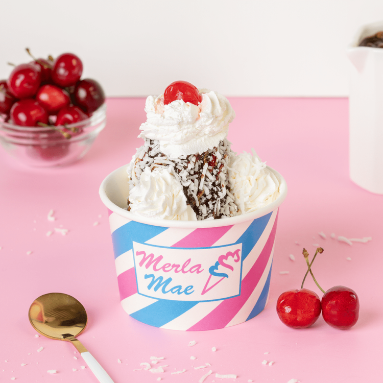 Shaggy Dog sundae with chocolate, coconut, whipped cream and a cherry at Merla-Mae Ice Cream in London, Ontario