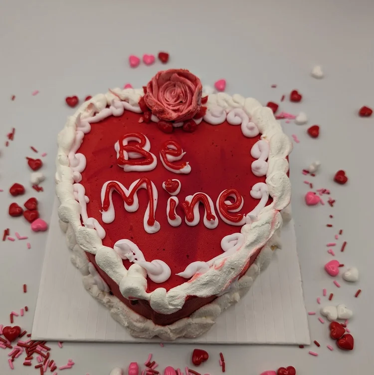 Red heart-shaped ice cream cake piped with Be Mine in red and white icing, with a white scalloped border and an icing rose, at Merla-Mae Ice Cream in London, Ontario