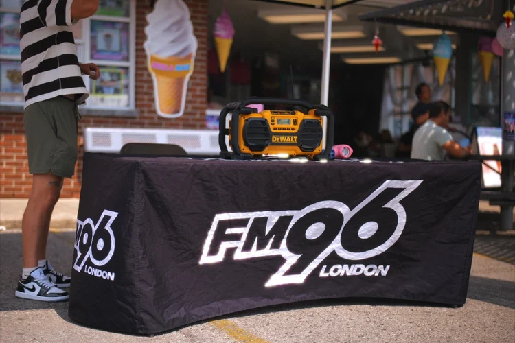 The FM96 London radio booth at Merla-Mae's National Ice Cream Day 2026 in London, Ontario