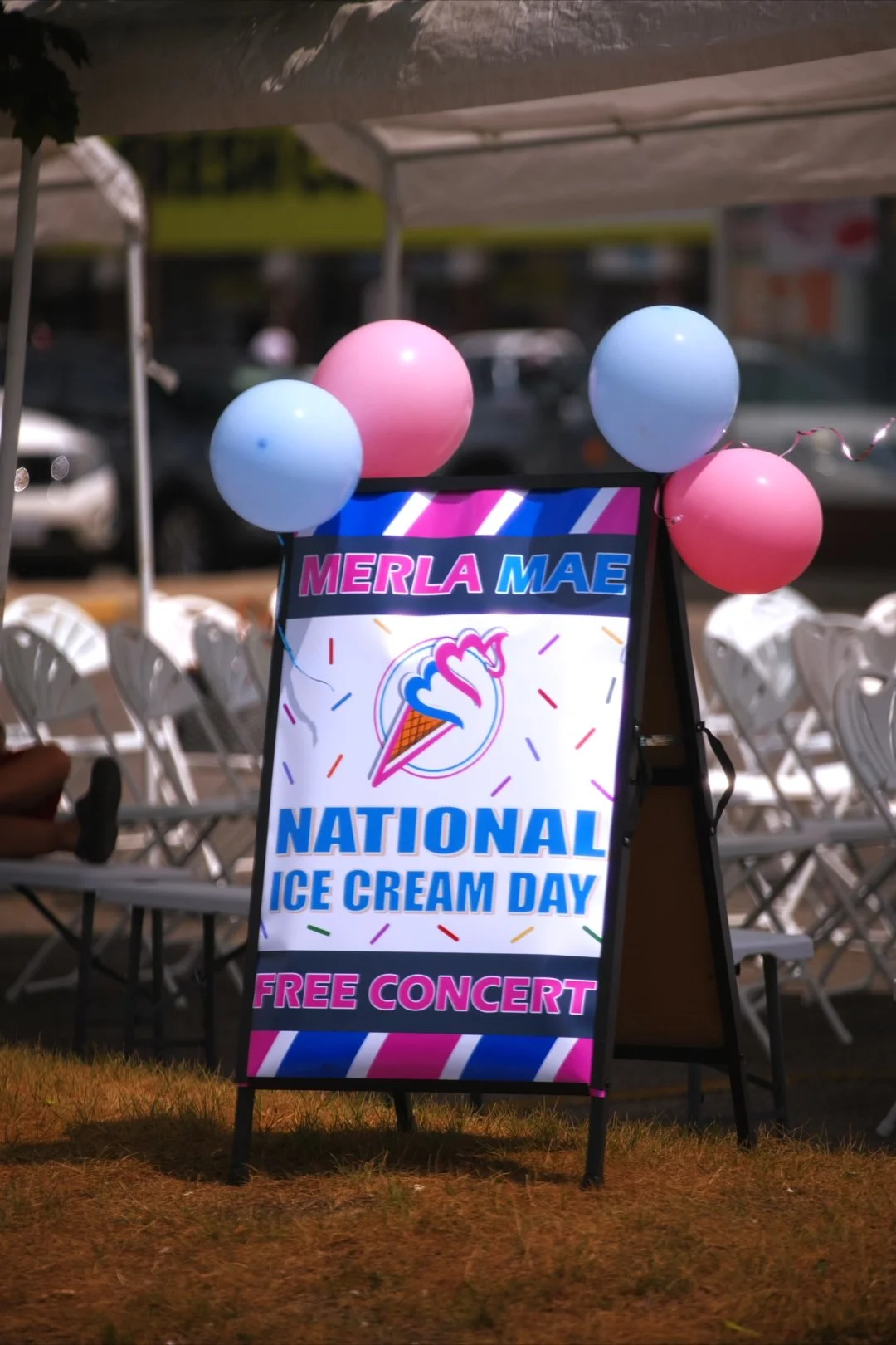 National Ice Cream Day signage and balloons outside Merla-Mae Ice Cream in London, Ontario