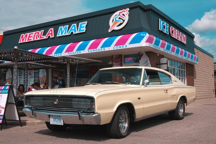 1966 Dodge Charger with a 383 four-barrel, parked outside Merla-Mae Ice Cream at the Chrome & Cones Car Show