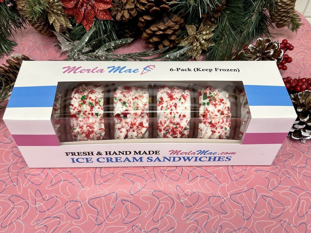 Take-home 6-pack of hand-made mint-green ice cream sandwiches rolled in crushed candy cane, from Merla-Mae Ice Cream in London, Ontario