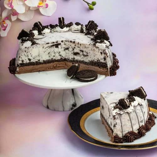 OREO ice cream cake on a cake stand with a slice on a plate, topped with cookies, whipped cream and a chocolate border, at Merla-Mae Ice Cream in London, Ontario