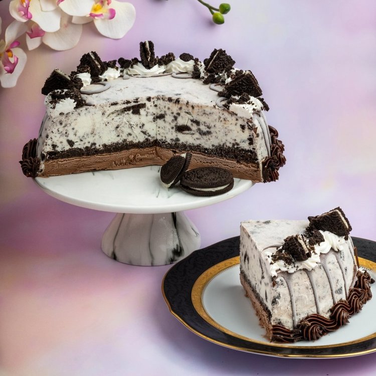 Oreo ice cream cake cut open on a white marble cake stand, topped with Oreo cookie pieces and whipped cream, with a slice on a gold-rimmed plate and white orchids behind, at Merla-Mae Ice Cream in London, Ontario
