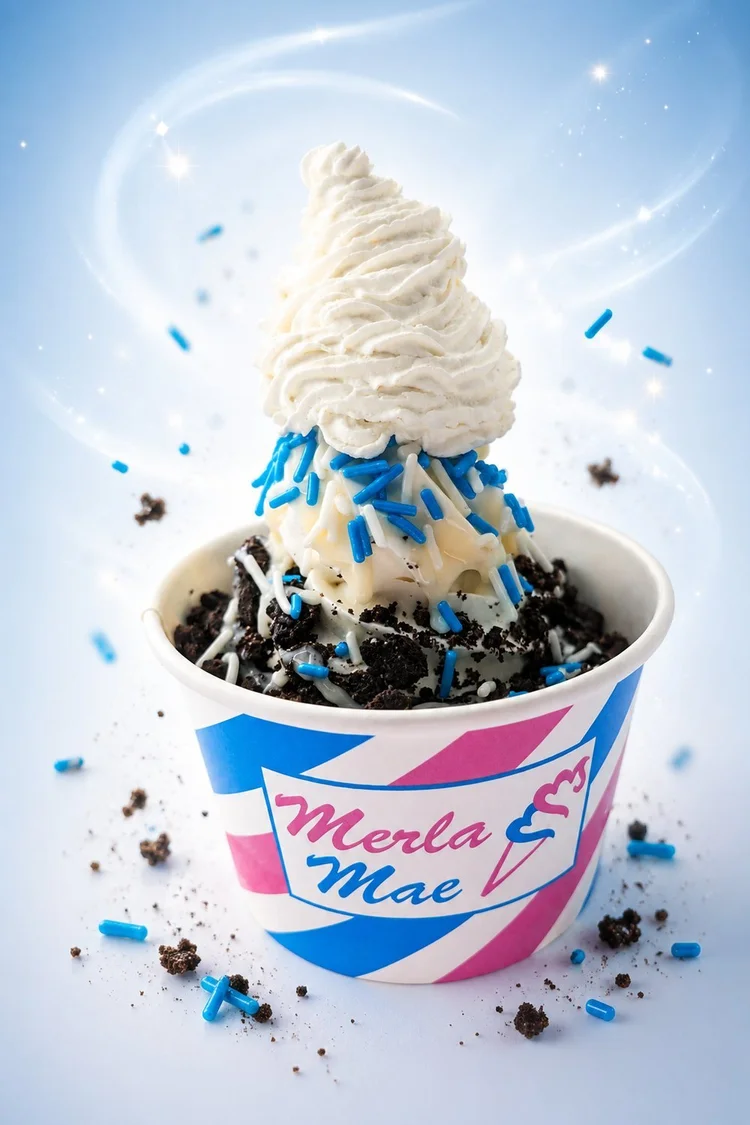 Clean Air Crunch, Platinum Air Care's signature sundae: vanilla soft serve with blue sprinkles and cookie crumble in a Merla-Mae cup, National Ice Cream Day 2026