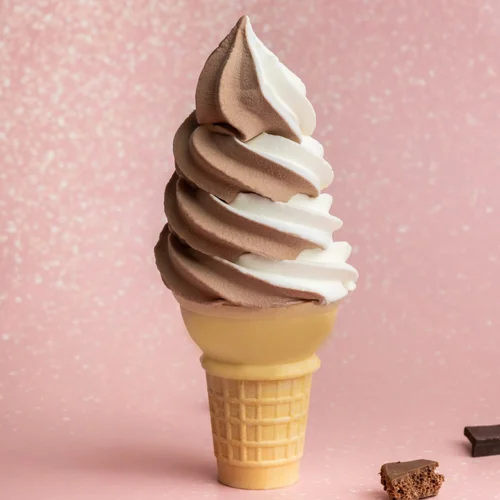 Chocolate and vanilla twist soft-serve cone at Merla-Mae Ice Cream