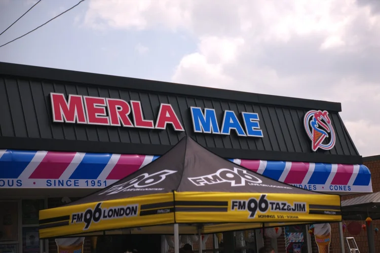 FM96 London tent in front of the Merla-Mae Ice Cream sign at National Ice Cream Day 2026 in London, Ontario