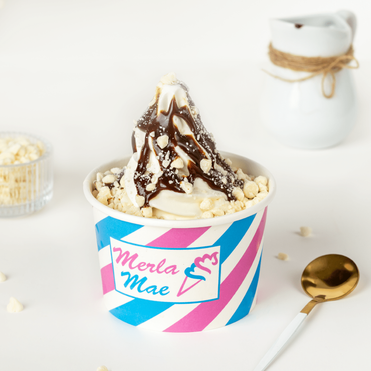Avalanche sundae with hot fudge and white chocolate chips at Merla-Mae Ice Cream in London, Ontario