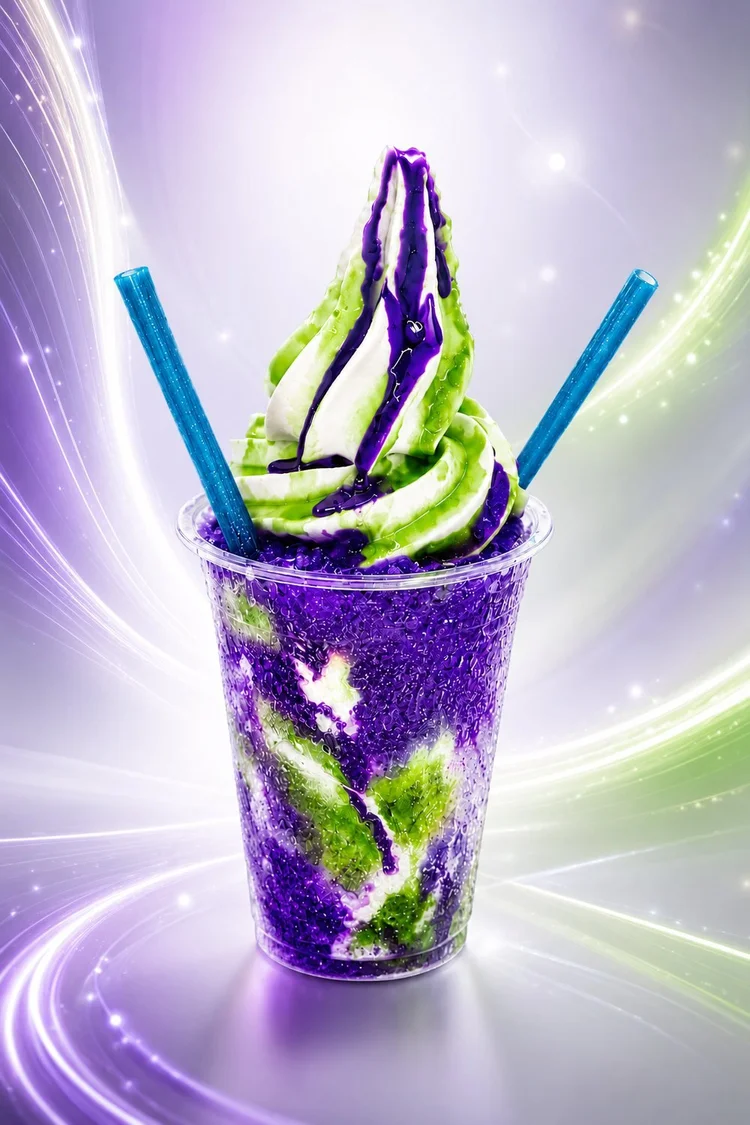 PureFibre Burst, the TELUS signature treat: a purple and lime-green swirled slush topped with soft serve and blue candy straws, National Ice Cream Day 2026 at Merla-Mae Ice Cream