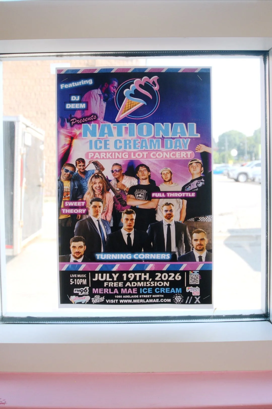 Event poster for Merla-Mae's National Ice Cream Day 2026 concert featuring DJ Deem J