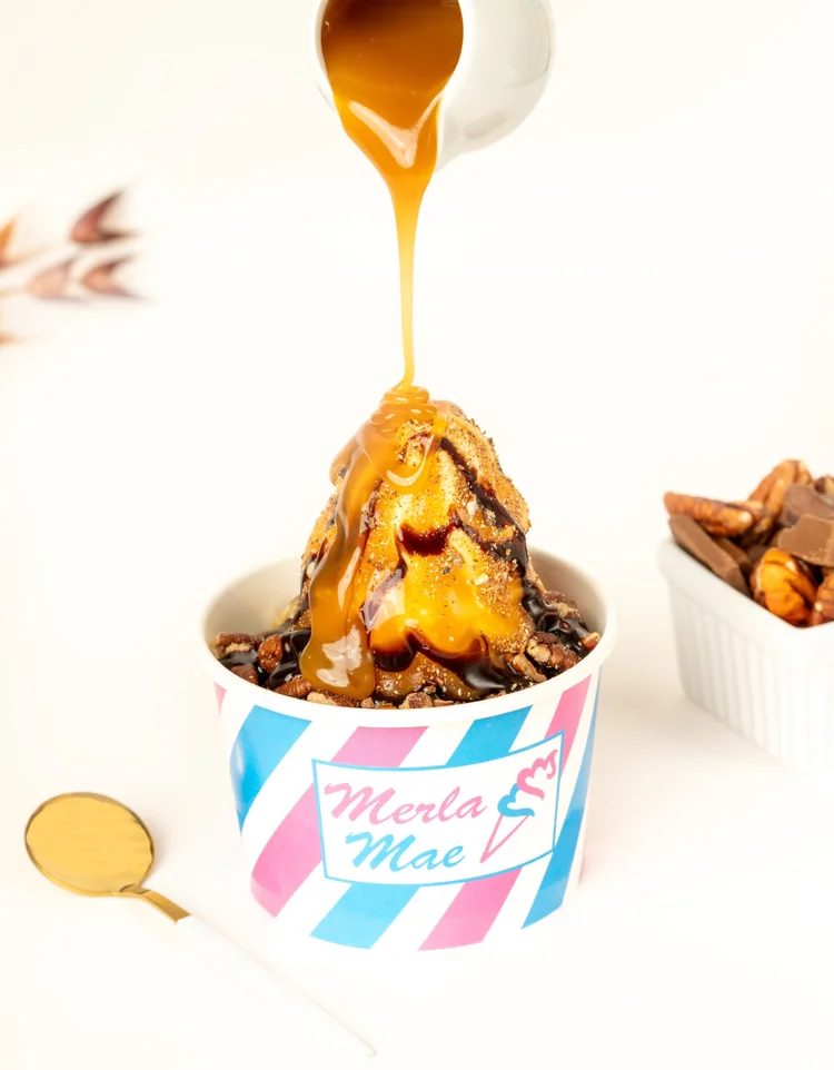 Turtle sundae with caramel, chocolate and pecans at Merla-Mae Ice Cream in London, Ontario