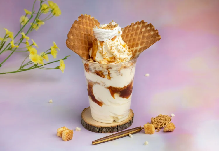 Angel O's parfait with caramel, crumble, whipped topping and two waffle wafers at Merla-Mae Ice Cream in London, Ontario