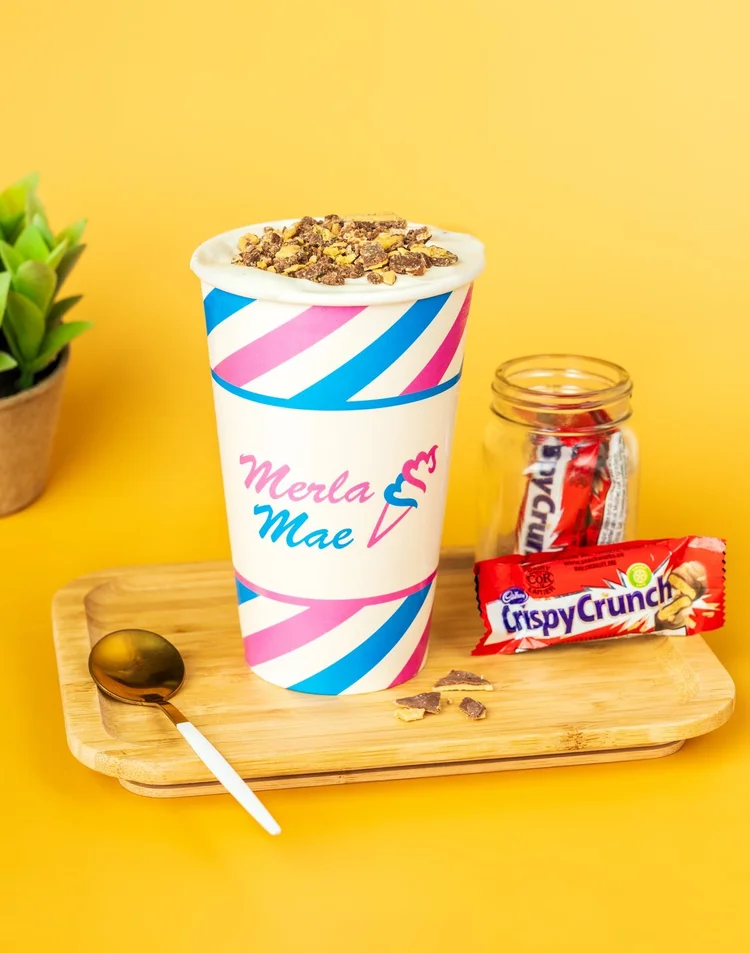 Crispy Crunch Cream Shake Flurry beside Crispy Crunch bars at Merla-Mae Ice Cream in London, Ontario