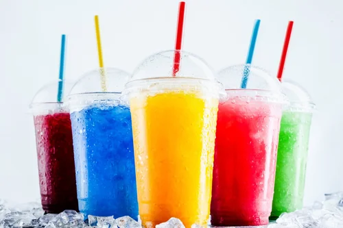 Colourful slushies with domed lids at Merla-Mae Ice Cream