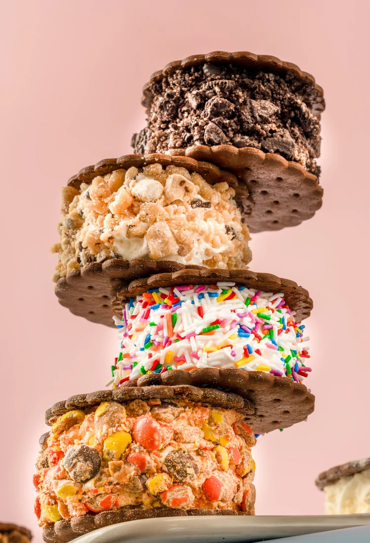 Stack of ice cream sandwiches rolled in cookie crumbs, sprinkles and Reese&rsquo;s Pieces at Merla-Mae Ice Cream in London, Ontario