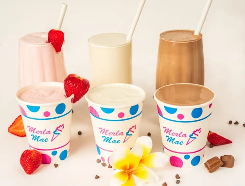 Strawberry, vanilla and chocolate milkshakes at Merla-Mae Ice Cream
