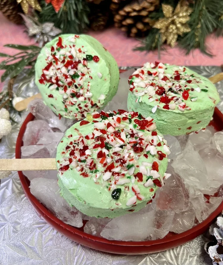 Green peppermint Chillin&rsquo; Bars topped with candy cane pieces on a festive table at Merla-Mae Ice Cream in London, Ontario