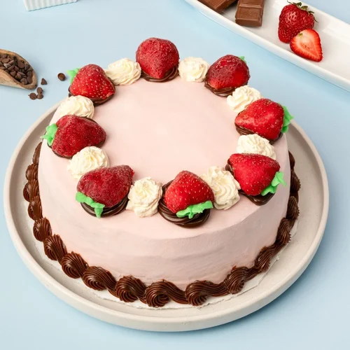 Pink strawberry ice cream cake topped with whole strawberries, whipped cream rosettes and a piped chocolate border at Merla-Mae Ice Cream in London, Ontario