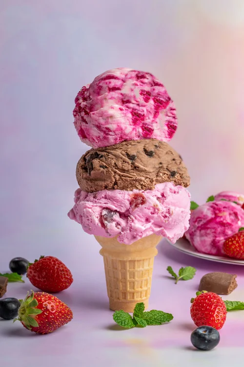 Triple scoop hard ice cream cone at Merla-Mae Ice Cream