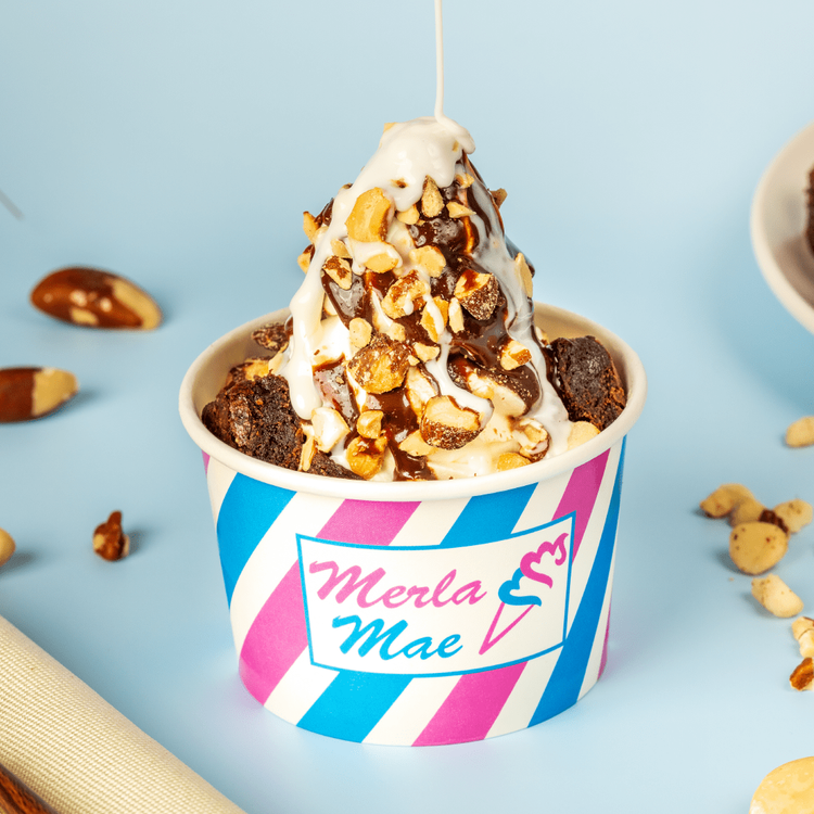 Hot Rocky Road sundae with brownies, fudge, marshmallow sauce and nuts at Merla-Mae Ice Cream in London, Ontario