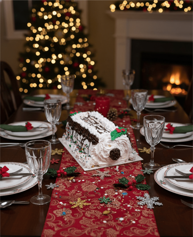 Christmas ice cream log cake with chocolate piping and holly on a festive dinner table, from Merla-Mae Ice Cream in London, Ontario
