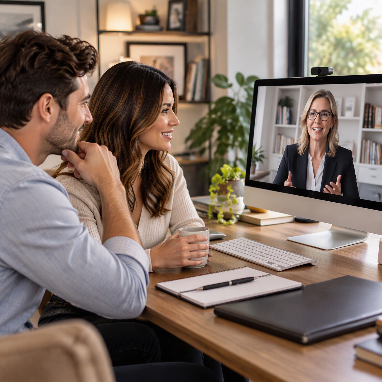 Two people sitting at a desk watching a woman on a video call on a desktop computer. The woman on the screen is speaking and gesturing, wearing glasses and a blazer, in a room with bookshelves.