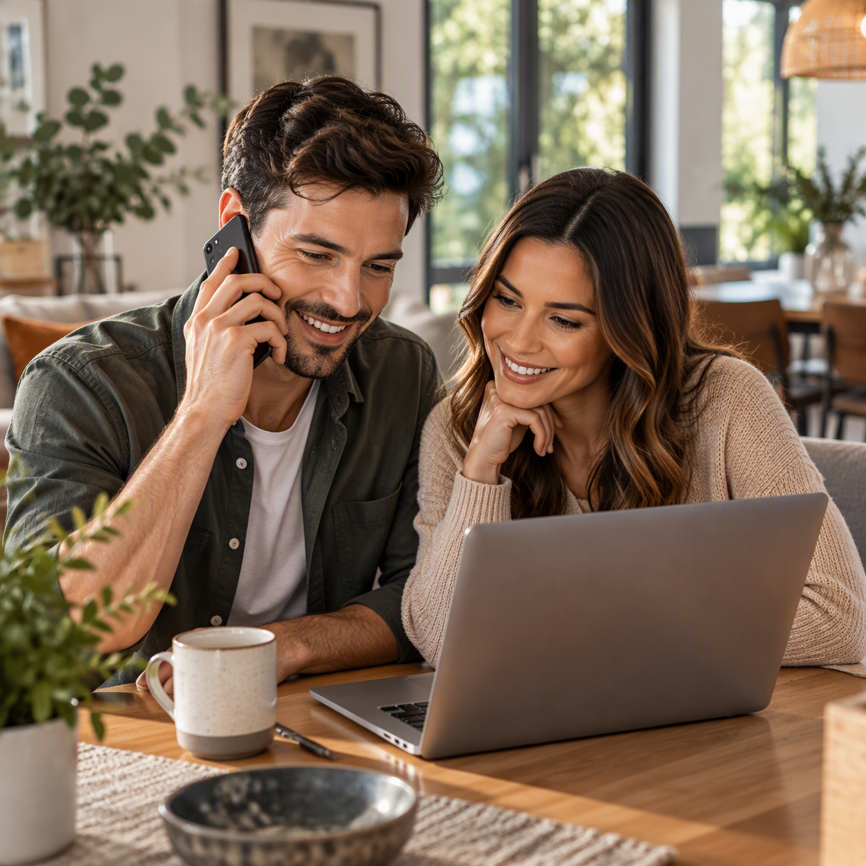 A smiling man talking on the phone and a woman looking at a laptop screen together in a cozy, well-lit room with large windows and plants.