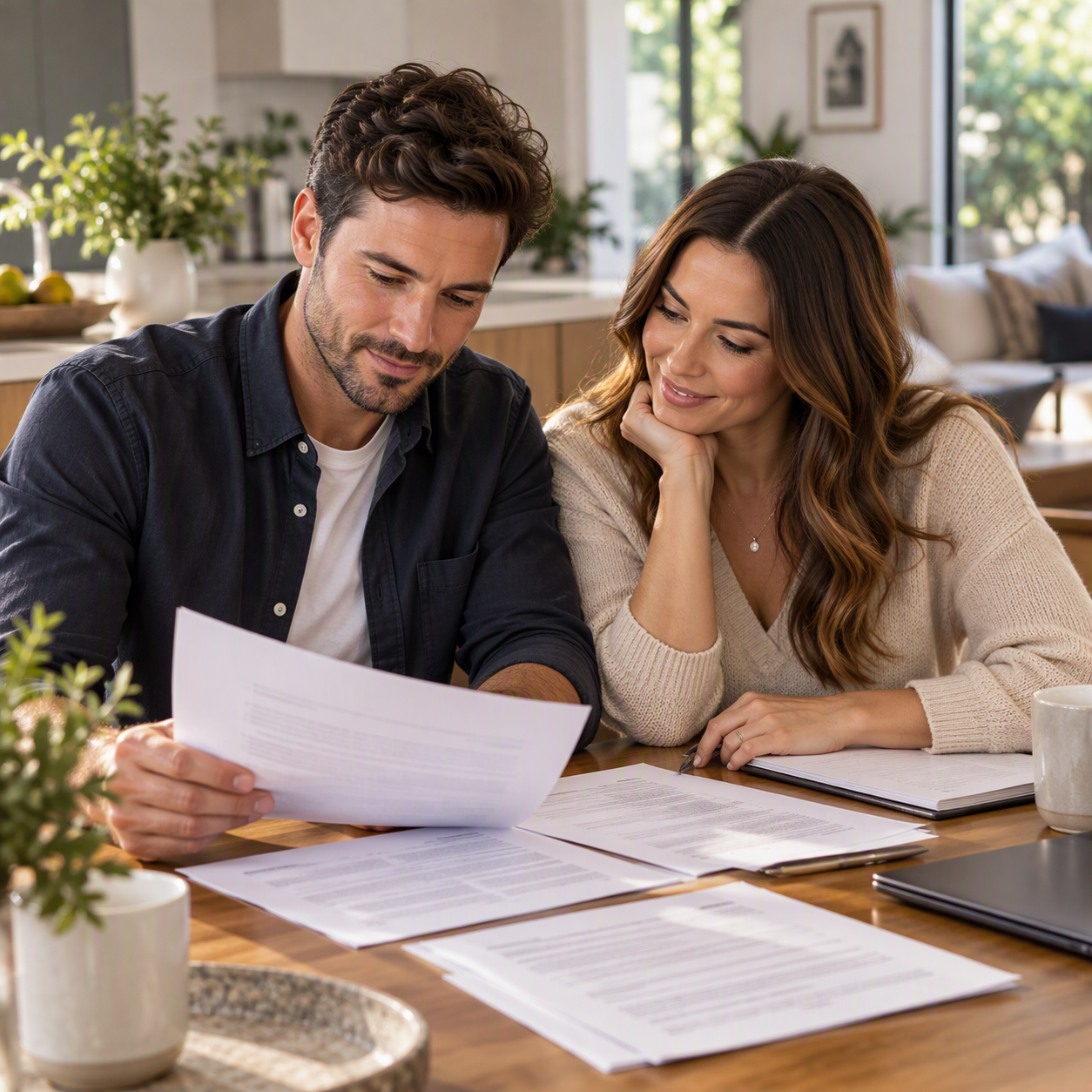 A man and woman sitting at a wooden table reviewing documents in a bright, modern kitchen.