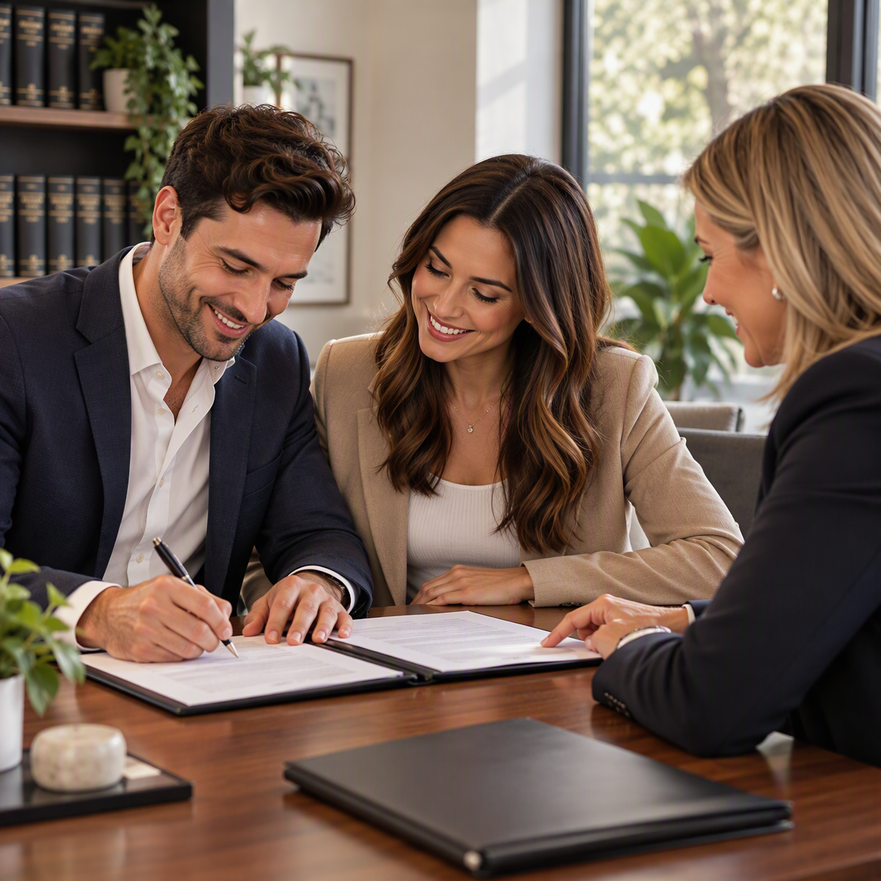 Three businesspeople, two women and one man, in formal attire, are sitting at a desk in an office, signing documents and smiling.