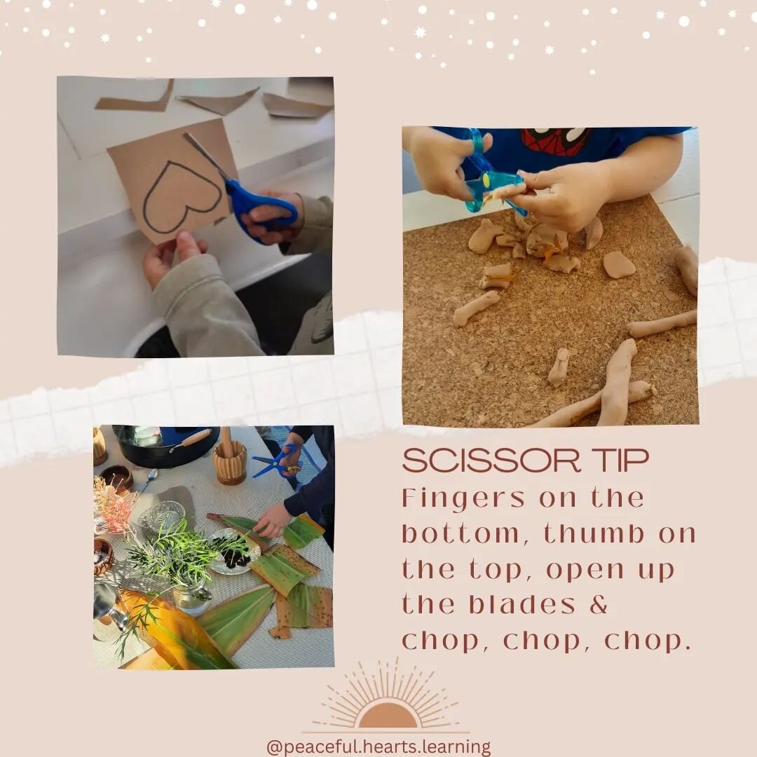 SCISSOR TIP 
A little rhyme to help children  remember how to use scissors effectively. It is also important to make sure that they are holding their elbow in against their body. 

✂️Fingers on the bottom, thumb on the top, open up the blades and cho