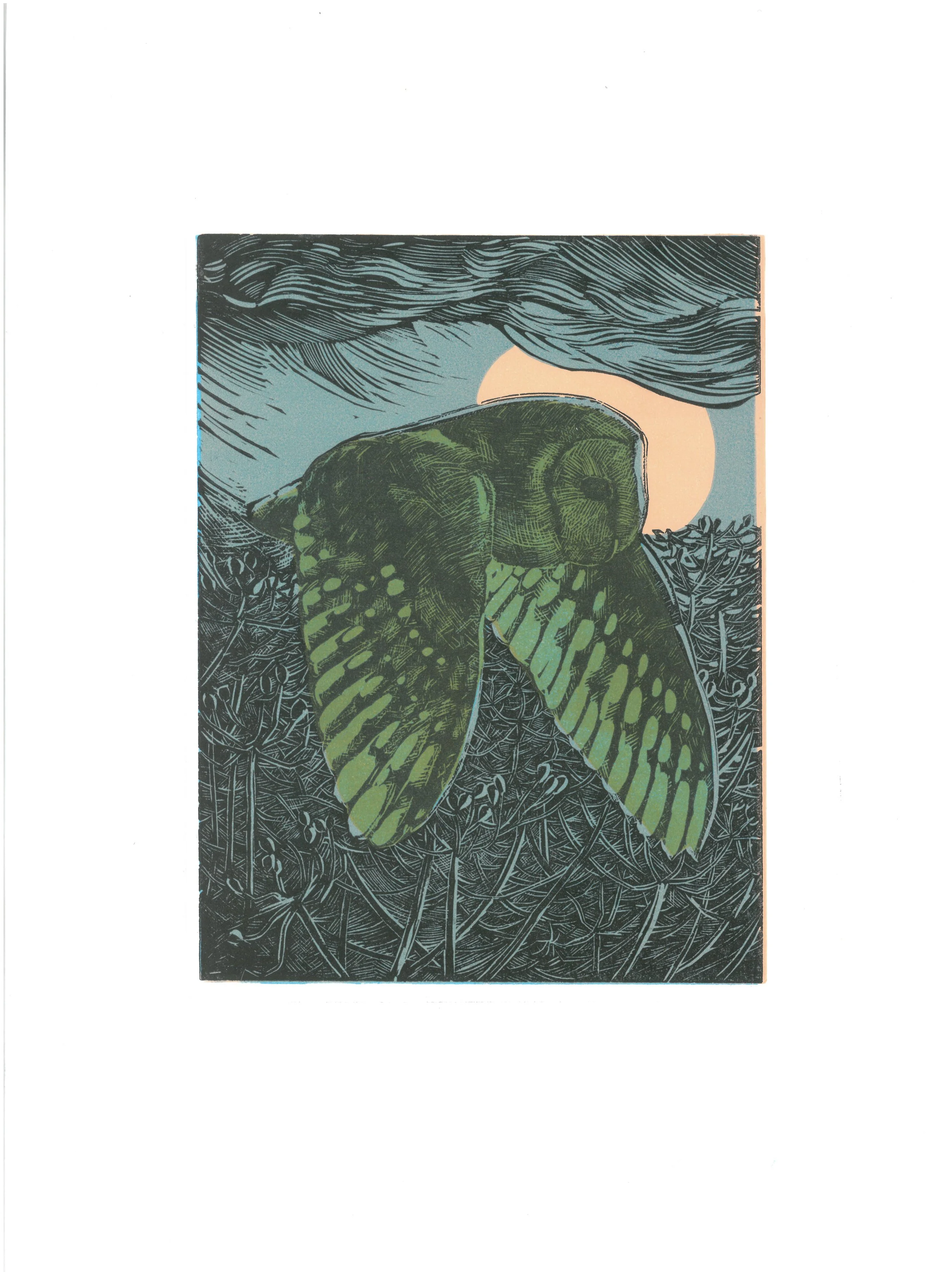 Barn Owl at Dusk Lino Print  152mmx210mm