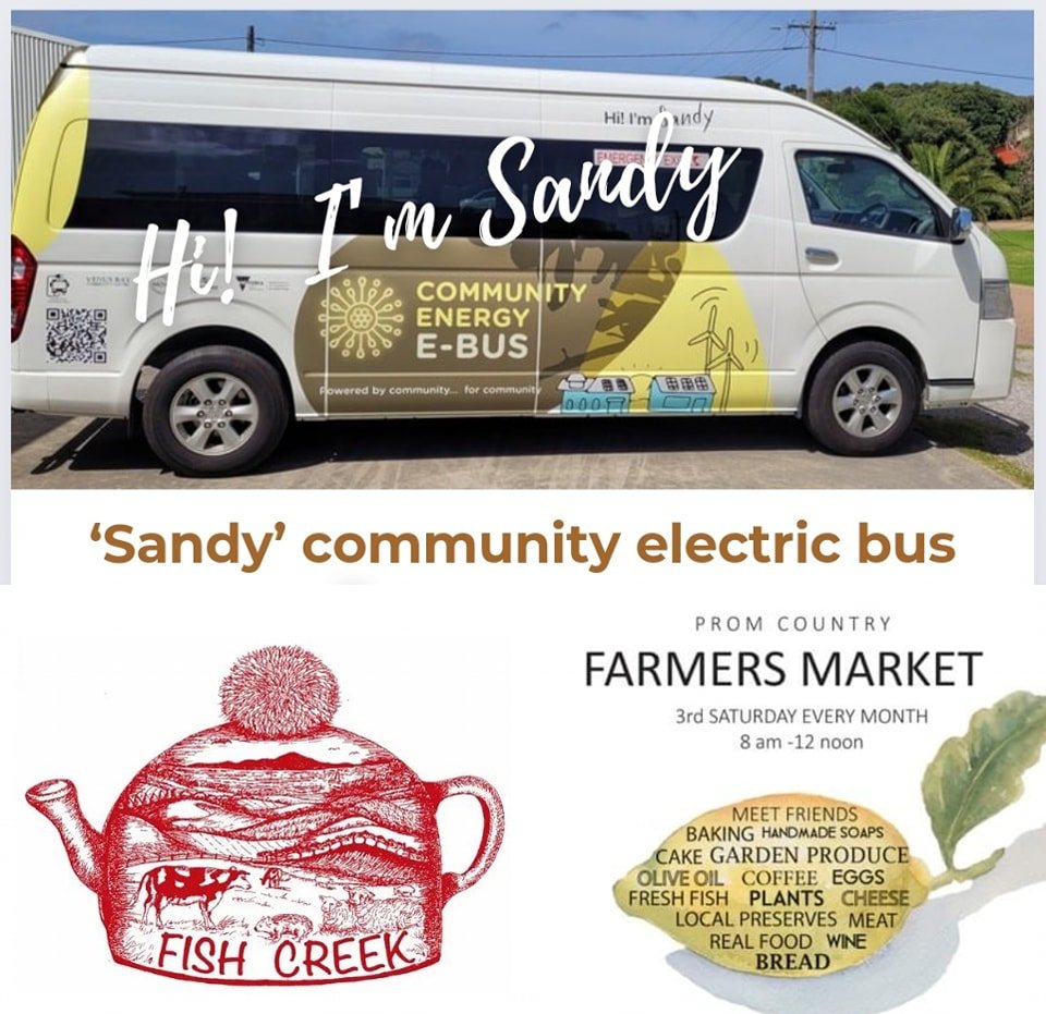 WHY NOT TAKE THE BUS?
Coming up this weekend in our neighbourhood . Prom Country Farmers Market and Fish Creek Tea Cosy Festival 
www.sandypointebus.com
email - sandypointebus@gmail.com
phone - 0456 210 188