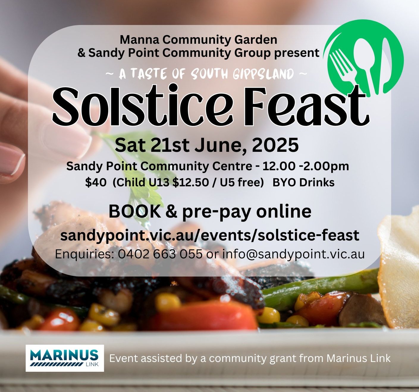 HEADS UP!  Reservations are now open online and already selling fast for this popular SP event.  Numbers are limited so jump in soon to reserve your seats.
www.sandypoint.vic.au/events/solstice-feast

'Sandy' is a free courtesy bus for this event, bu