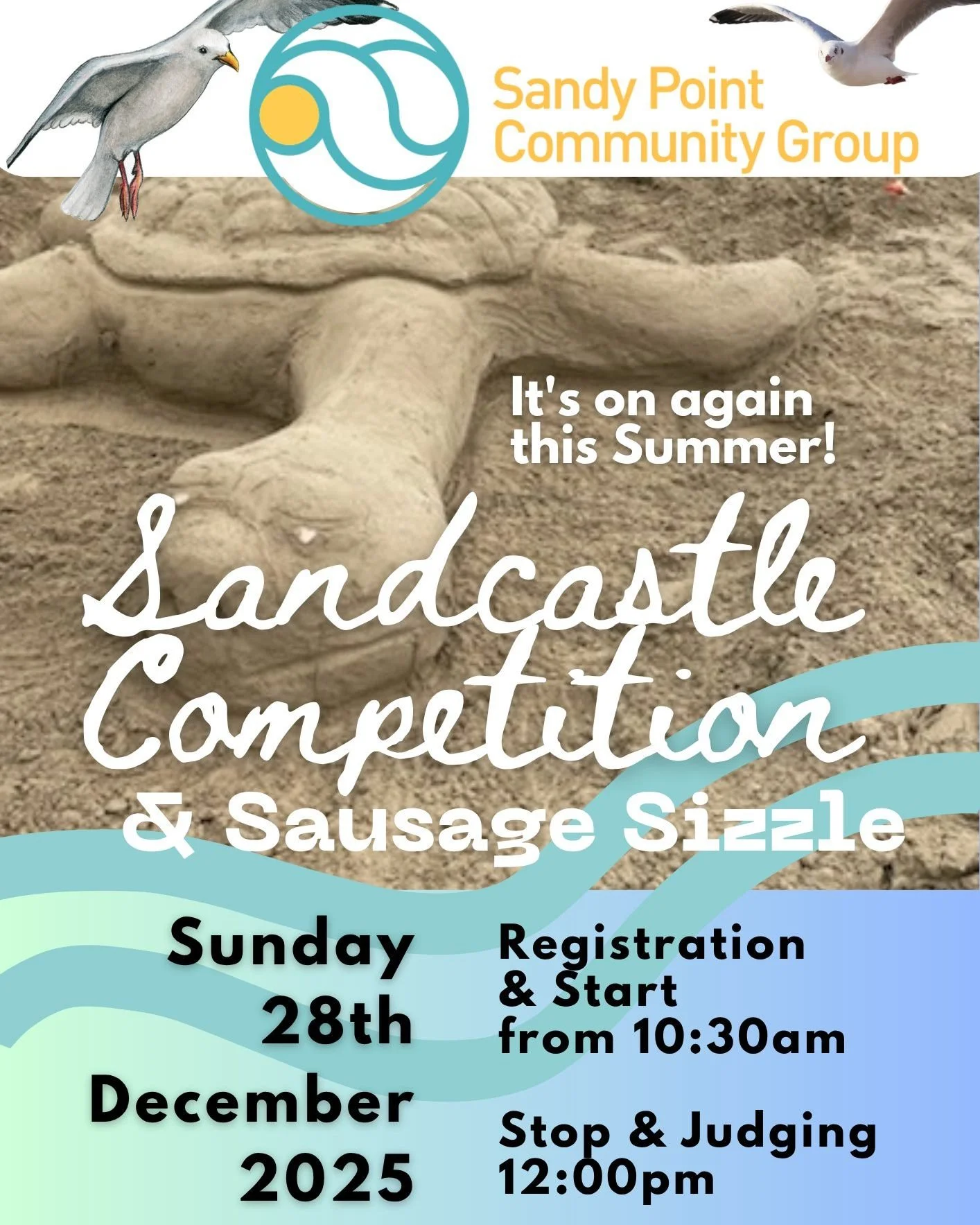 HERE'S THE DATE! Rally the troops and start planning.

The Sandy Point Sandcastle Competition will be on Sunday 28th December. Registration and start from 10:30am. Stop work and judging at midday.

It's soon, as the timing is dependant on the tides a
