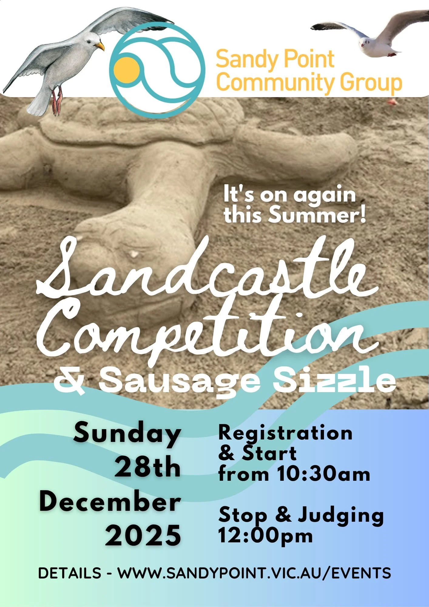 SP SANDCASTLE COMPETITION - IT'S  THIS  SUNDAY 
Dec 28.  10.30-11am registration and start. 
Midday finish and judging.  Prizes for best castles.