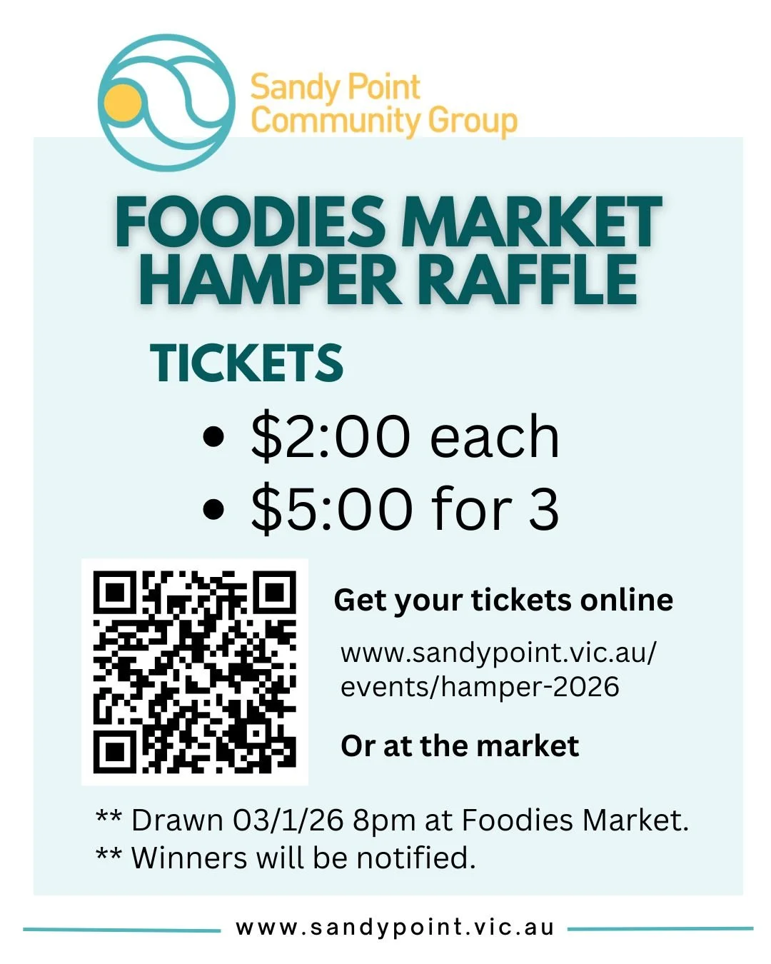 Win the hamper, or one of our additional gift packs of local goodies.
Tickets online (link below) or at the Foodies Market this Saturday 3 January from 4pm.  Only $2 each, or 3 for $5.

TICKETS:  www.sandypoint.vic.au/events/hamper-2026

Huge thanks 