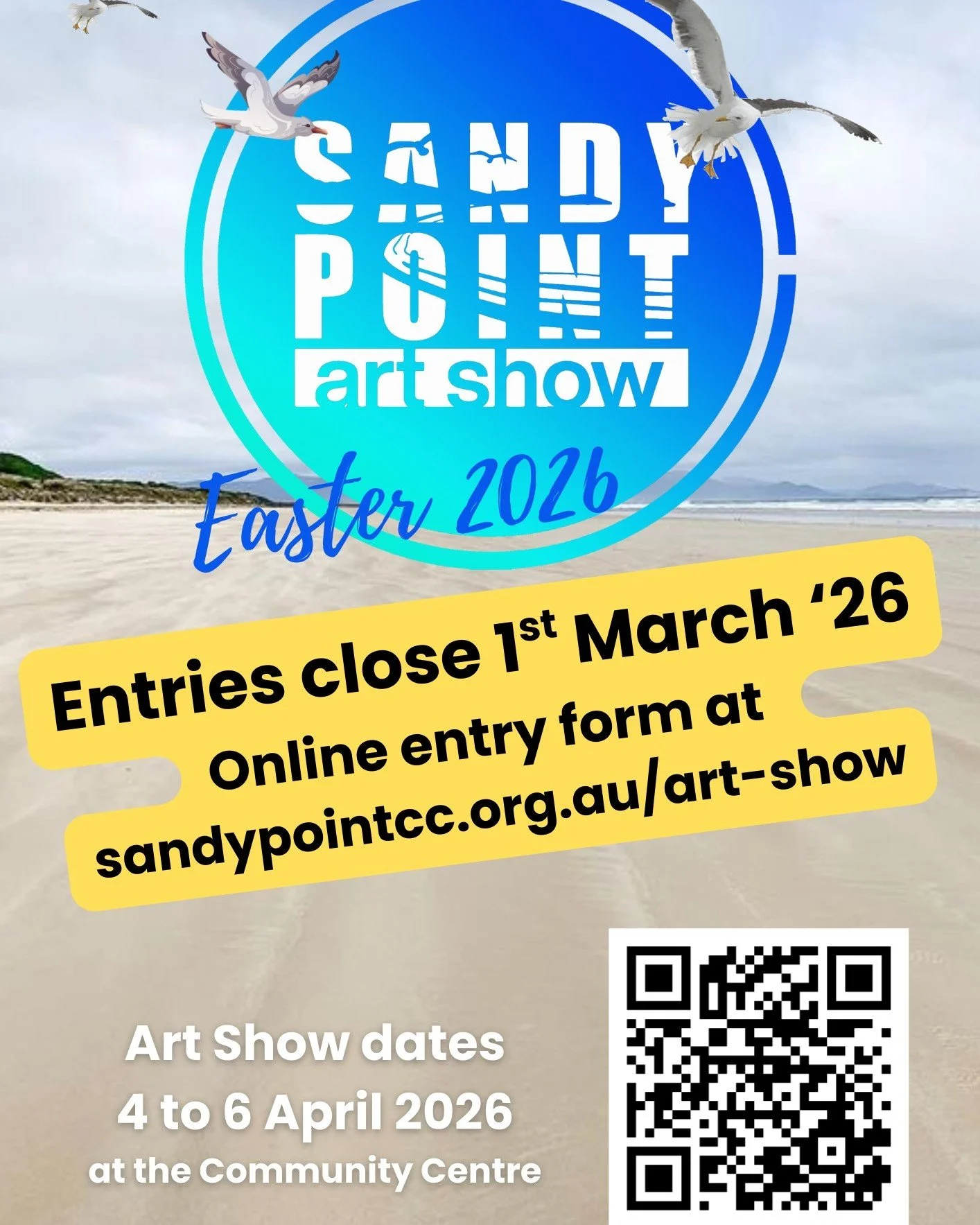 Artists, please note - entries for the 2026 Sandy Point Art Show will close on 1st March. 
Go to www.sandypointcc.org.au/art-show to find the entry form.