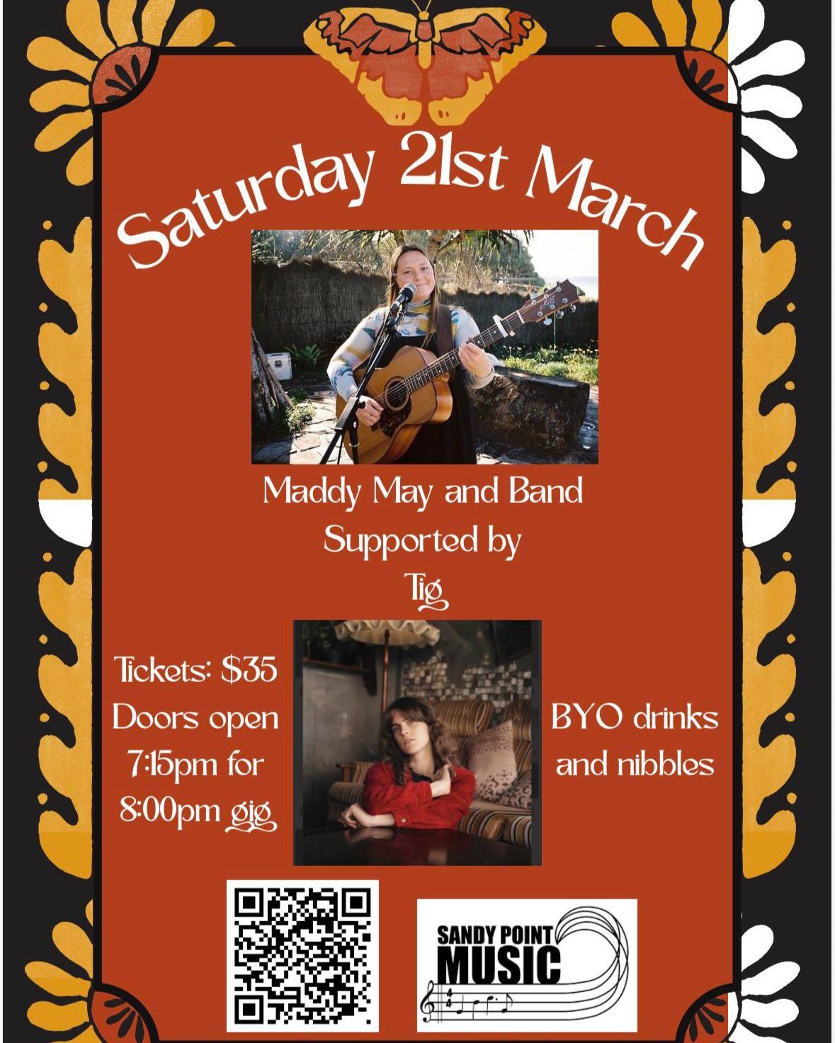 Next live music coming up in Sandy Point - Maddy May &amp; Band, supported by Tig.
Ticket sales are now open at Trybooking
https://www.trybooking.com/events/landing/1523998
Instagram @sandypoint_music 
Facebook @Sandy Point Music