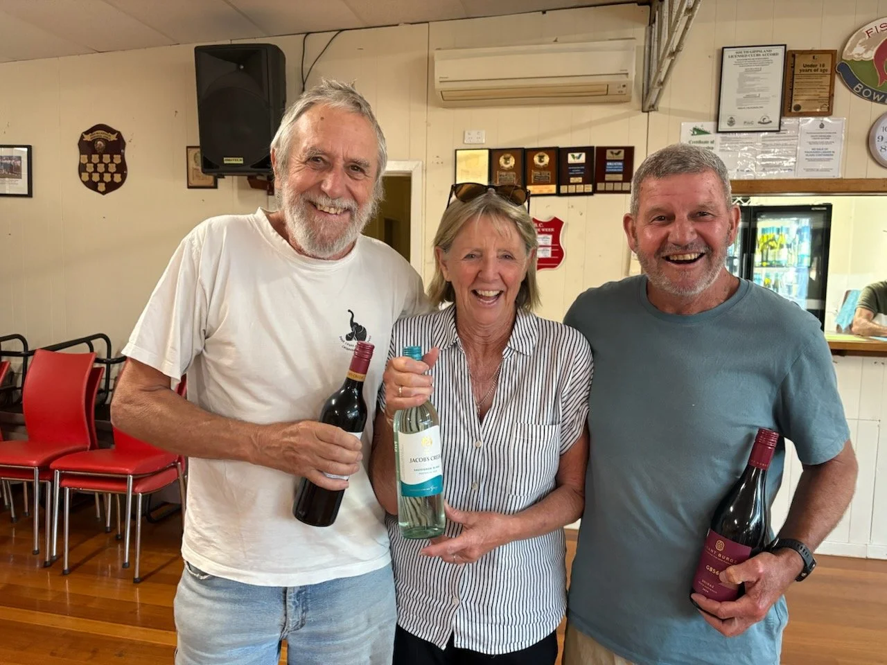 The winners! - barefoot bowls last night in Fish Creek.  Congrats Phil, Deb and Peter. 👏🏆💫