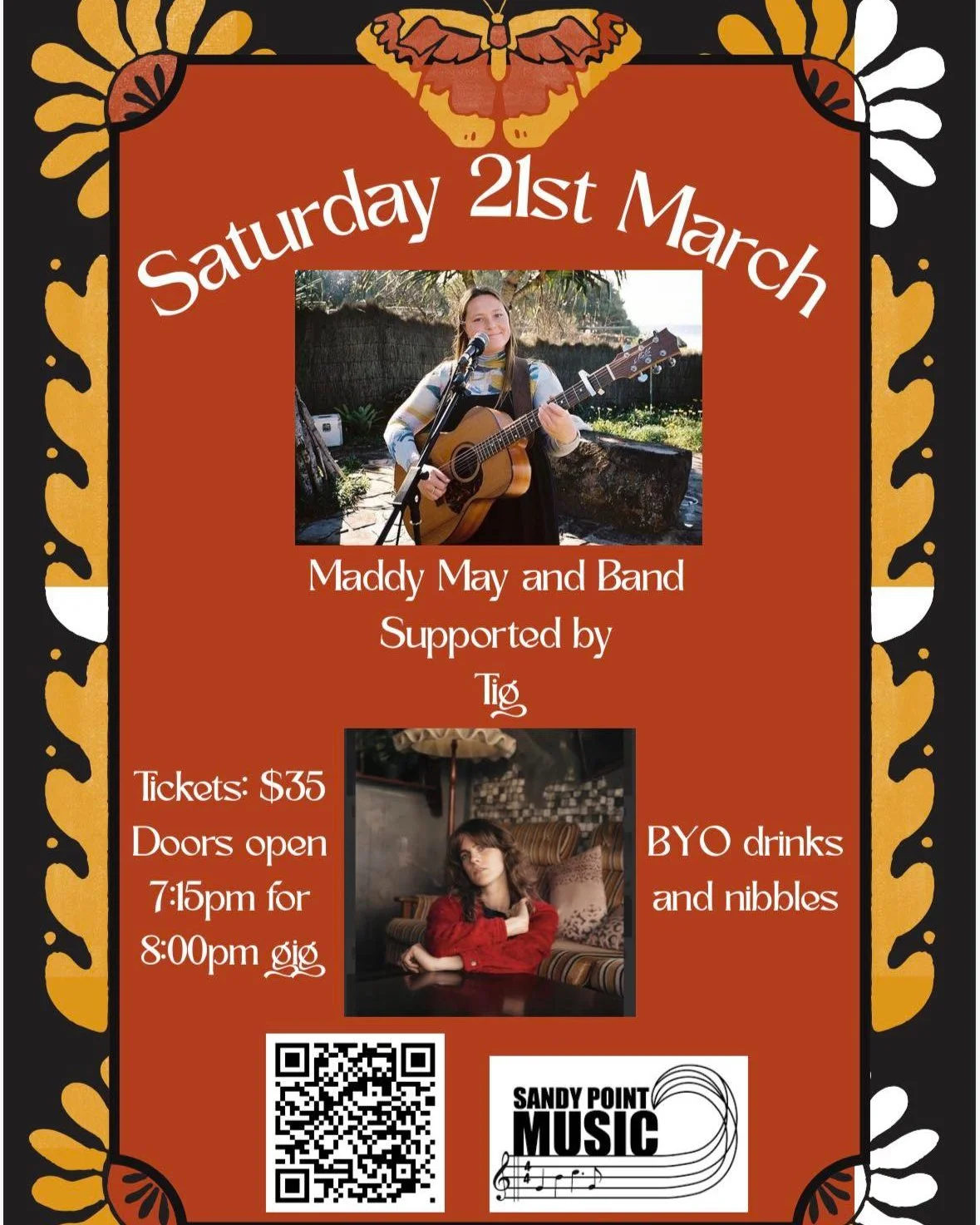 Next live music coming up in Sandy Point - Maddy May &amp; Band, supported by Tig.
Ticket sales are now open at Trybooking
https://www.trybooking.com/events/landing/1523998
Instagram @sandypoint_music 
Facebook @Sandy Point Music