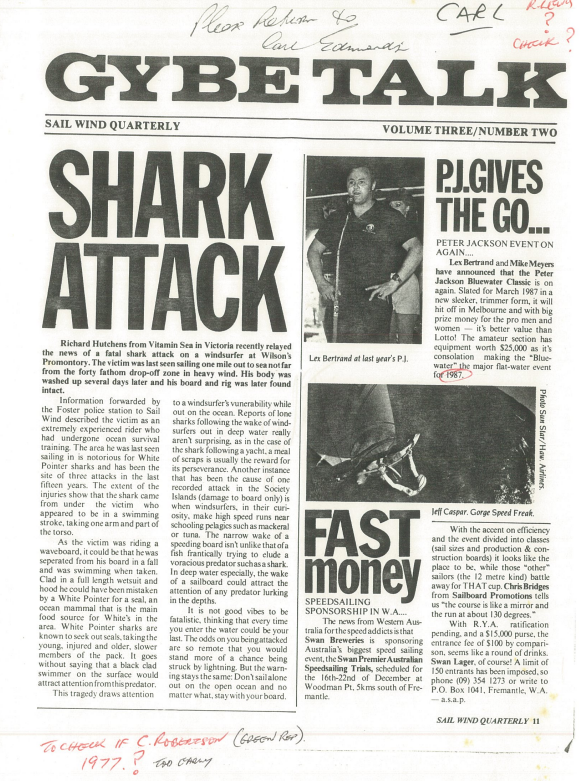  "Shark Attack".  Gybe Talk, Sail Wind Quarterly , Vol.3, No.2 (no date) 