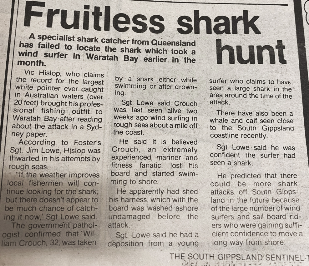  'Fruitless shark hunt',  South Gippsland Sentinel-Times.  September 16, 1986. 