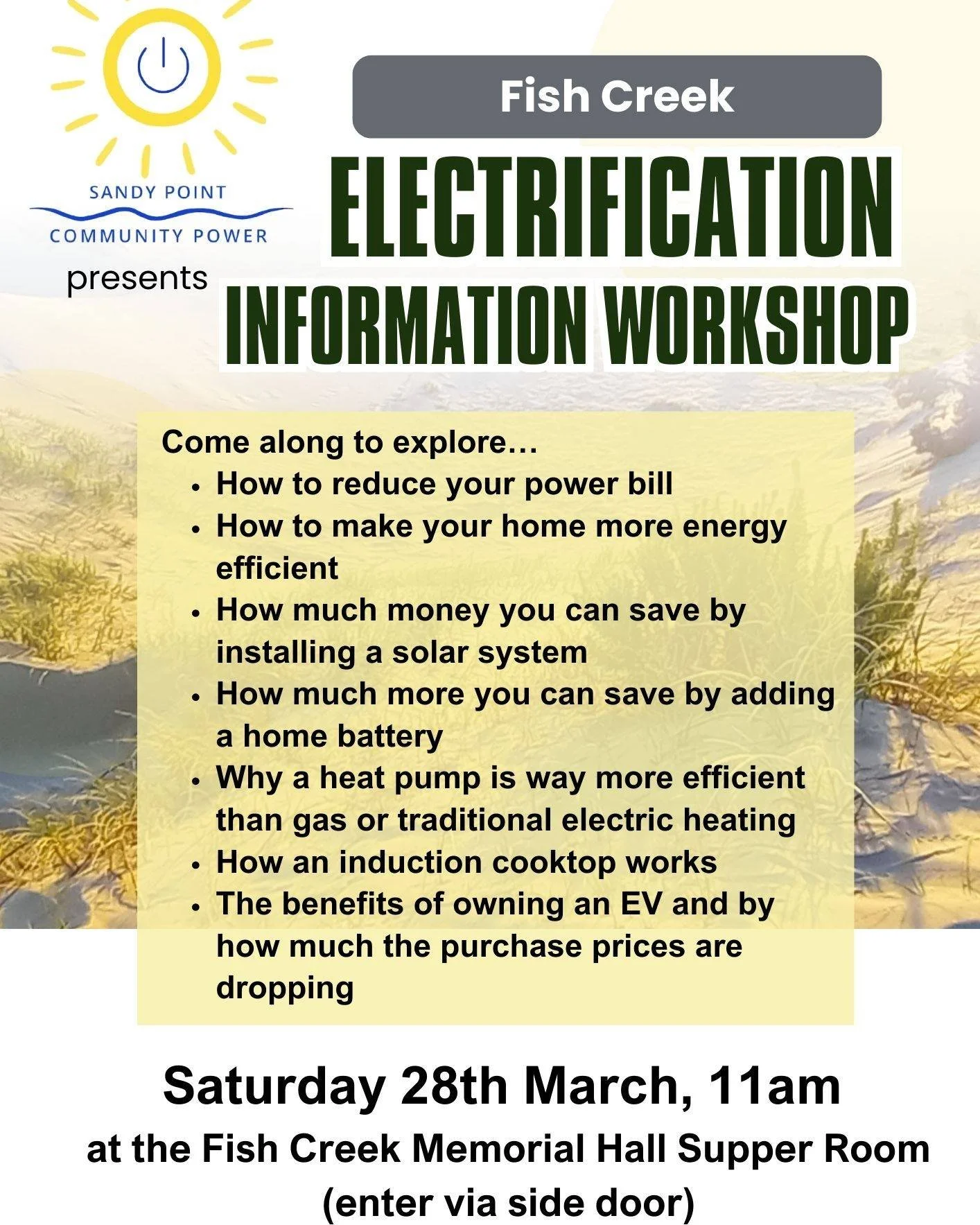 If you missed this in Sandy Point over summer, you can catch it again tomorrow in Fish Creek. Head to Fish Creek Hall (side door) Saturday 28 at 11am.
Presented by locals of the Sandy Point Community Power group.