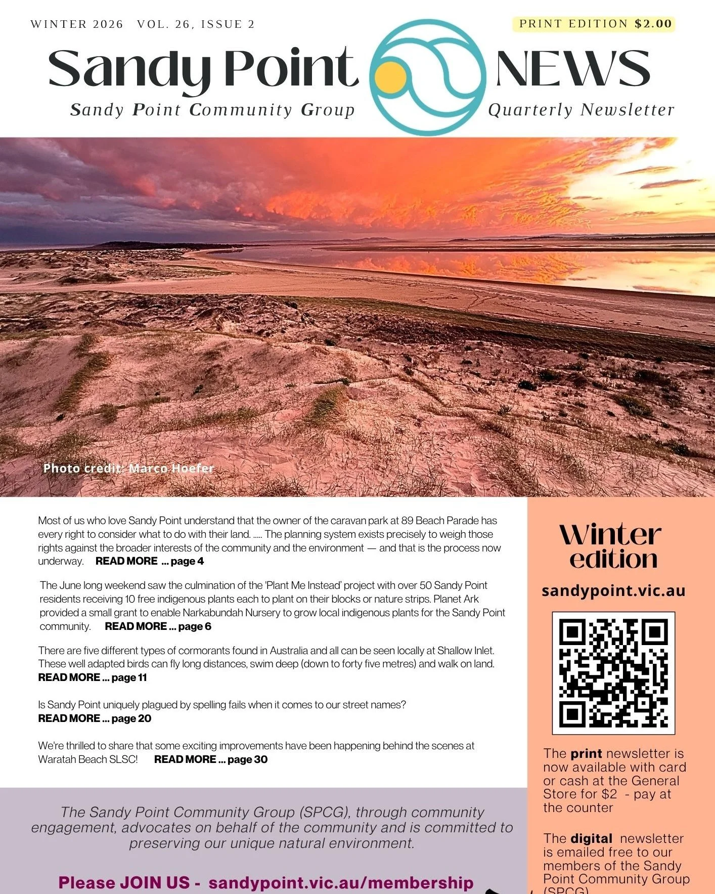 Have you picked up your copy of the latest SANDY POINT NEWS?
Print copies are available in the General Store for $2 by card or cash. Or available online at www.sandypoint.vic.au/spcg-newsletters
